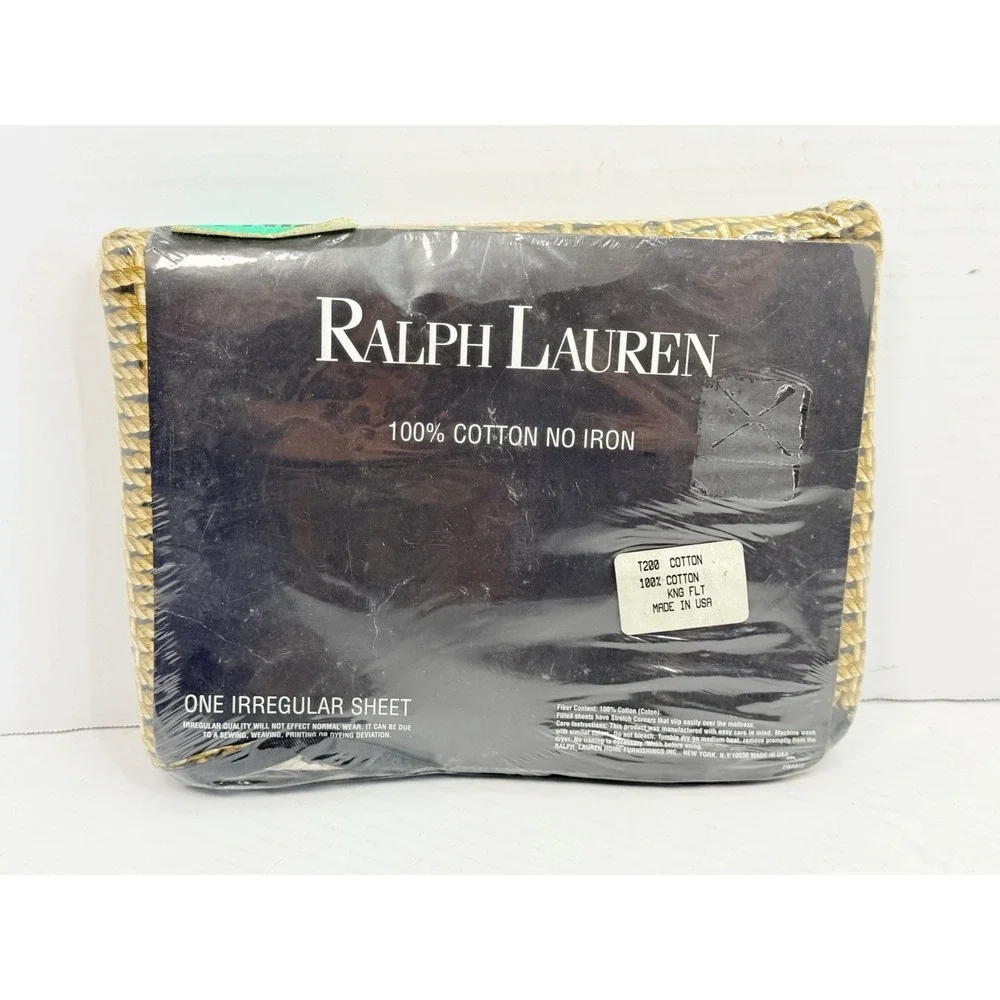 Vintage Ralph Lauren King Flat Sheet Woven Rattan Basket Print Cotton NOS